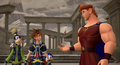 Goofy listens as Hercules offers advice to Sora in the cutscene "The Way to Find Strength".