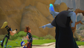 Sora, Donald, and Goofy listen to Hades reveal his plans in the cutscene "Return of the Titans".