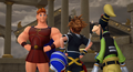 Sora, Donald, and Goofy offer to help Hercules in the cutscene "Dropping In".
