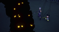 Riku and King Mickey watch the formation of a Demon Tower in the cutscene "The Dark Margin".
