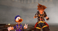 Sora and Donald celebrate in the cutscene "Shields Do Everything!".