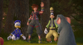 Sora, Donald, and Goofy rescue Little Chef in the Woods in the cutscene "Under Control?".