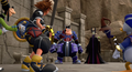 Sora, Donald, and Goofy watch Maleficent and Pete appear in the cutscene "The Way to Find Strength".