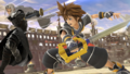 A promotional image showing Sora dodging an attack from Sephiroth.