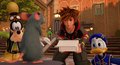 Sora, Donald, and Goofy meet the Little Chef of Twilight Town's new restaurant in the cutscene "The Bistro's Little Chef".