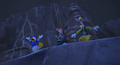 Sora, Donald, and Goofy celebrate victory in the cutscene "The Rock Titan Rolls".