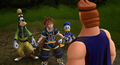 Sora, Donald, and Goofy are happy to find Hercules alive in the cutscene "Xigbar's Admonition".