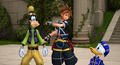 Sora checks out his appearance in the cutscene "Not Quite Heroes Yet".
