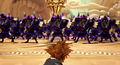 Sora faces a horde of Satyr Heartless in the Realm of the Gods in the cutscene "Olympus's Splendor".