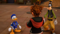 Sora, Donald, and Goofy chat in the cutscene "Hello, Good-bye".