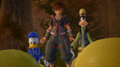 Sora, Donald, and Goofy find fallen fruit in the Woods in the cutscene "A Forager in Distress".