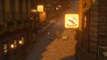 Sora, Donald, and Goofy enter Twilight Town in the cutscene "Nostalgic Streets".