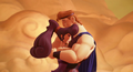 Hercules and Meg embrace in the cutscene "Where He Belongs".