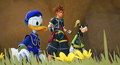 Sora, Donald, and Goofy steel themselves for conflict in the cutscene "Son of Zeus".