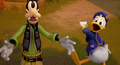 Goofy and Donald celebrate outside the Old Mansion in the cutscene "Sora's Resolve".