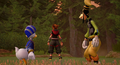 Sora, Donald, and Goofy after battling at the Old Mansion in the cutscene "Sora's Resolve".