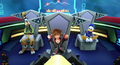 Sora, Donald, and Goofy contemplate their next move in the cutscene "Heart Within a Heart".