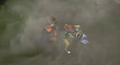 The group huddle against the dust from a falling building in the cutscene "Xigbar's Admonition".