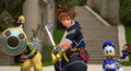 Sora, Donald, and Goofy prepare for battle in the cutscene "A Cry for Help".