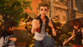 Hayner, Pence, and Olette run from a Demon Tide in Twilight Town in the cutscene "Hello, Good-bye".