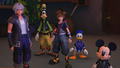 Sora, Riku, King Mickey, Donald, and Goofy meet with Yen Sid in the cutscene "A Quick Review".