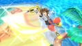 A promotional image showing Sora swinging the Keyblade high above a beach.