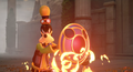 Goofy faces the flames in the cutscene "Shields Do Everything!".