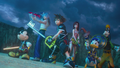 Sora, joined by Riku, Kairi, King Mickey, Donald, and Goofy, stand up against Master Xehanort in the cutscene "Opening".