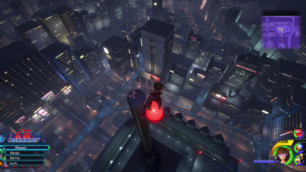 The City / Central District: From the South District Save Point, head North to a building wrapped in blue light. Climb the building then look North. Airstep across to the plane light.