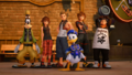 Sora, Donald, Goofy, Hayner, Pence, and Olette pose for a photo in the cutscene "The Friend They'd Never Met".