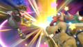 A promotional image showing Sora hitting Bowser on the head with the Keyblade.